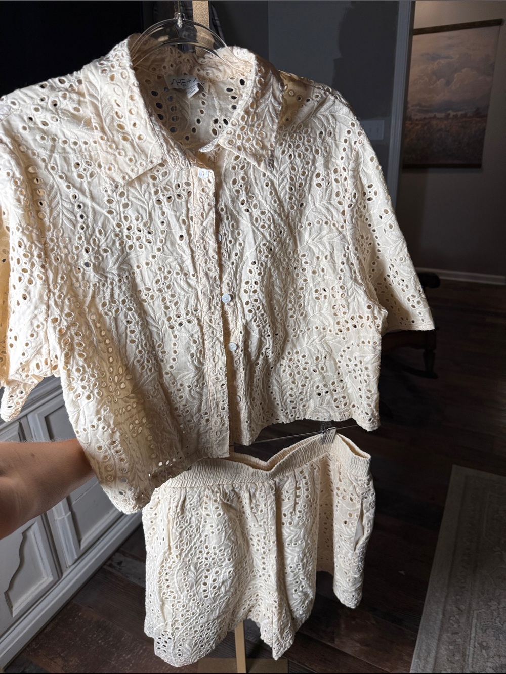 Eyelet Cropped Button-Up Top and shorts in Cream